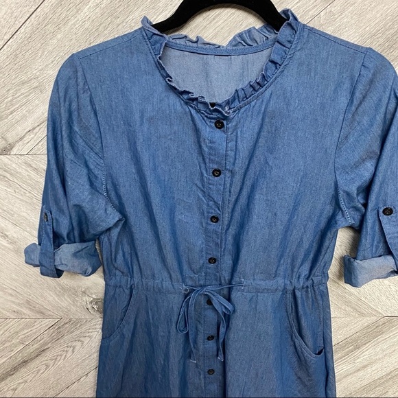 Chambray Midi Dress Button Down Ruffle Collar Smal - Picture 5 of 7
